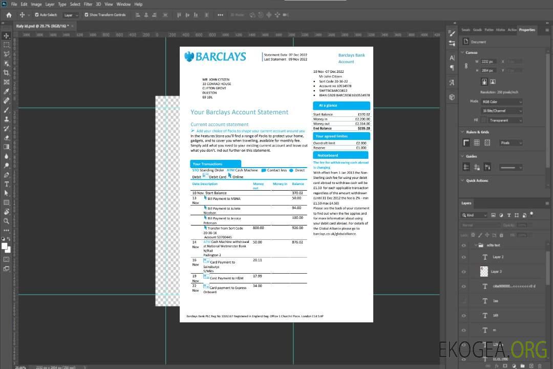 Modèle de relevé de compte bancaire Barclays Royaume-Uni au format Word et PDF, version 1 template Modèle de relevé de compte bancaire Barclays Royaume-Uni au format Word et PDF, version 1 template